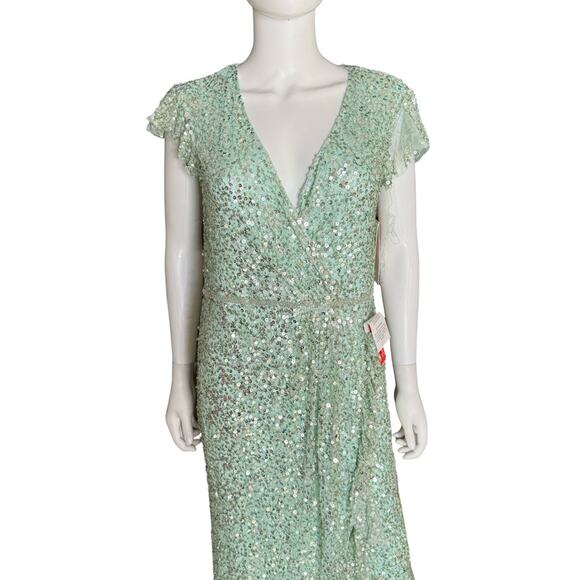 Mac Duggal Sequined Faux Wrap Ruffle Cap Sleeve Gown Seafoam 70113 Women’s Sz 14 - Picture 3 of 12